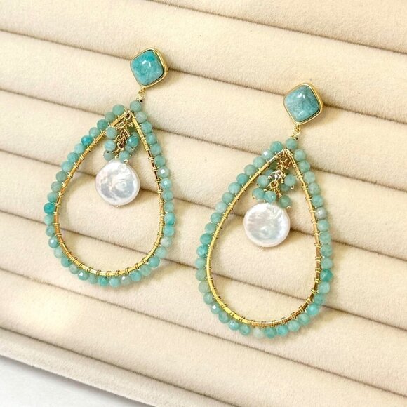 NEW Statement Chandelier Earrings Beaded Natural Amazonite Fresh Water Pearl 18K - Picture 4 of 12